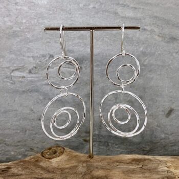 Two section dangly circles earrings made from sparkly hammered silver