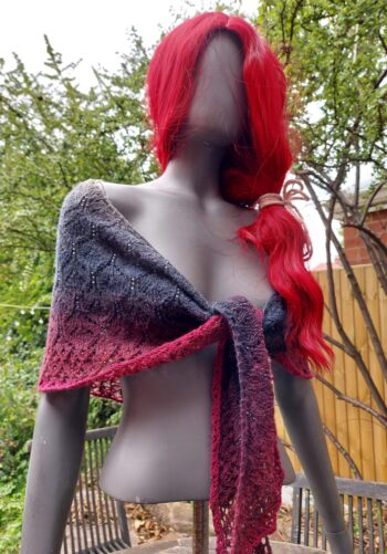 Handknit Beaded Wool Shawl - gradient - grey blue red