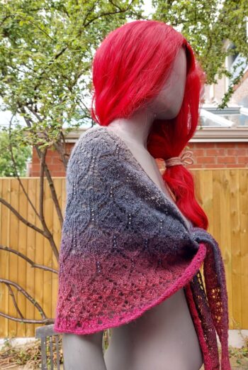 Handknit Beaded Wool Shawl - gradient - grey blue red - Image 4