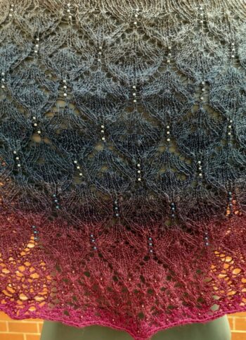 Handknit Beaded Wool Shawl - gradient - grey blue red - Image 5