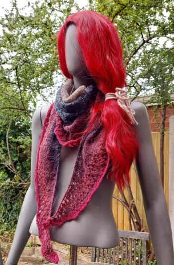 Handknit Beaded Wool Shawl - gradient - grey blue red - Image 2