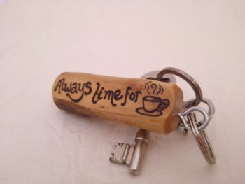 Handmade Pyrography Keyring, 'Always Time For Tea', made in Wales from local wood - Image 4