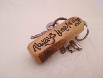 Handmade Pyrography Keyring, 'Always Time For Tea', made in Wales from local wood - Image 3