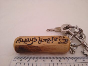 Handmade Pyrography Keyring, 'Always Time For Tea', made in Wales from local wood - Image 2