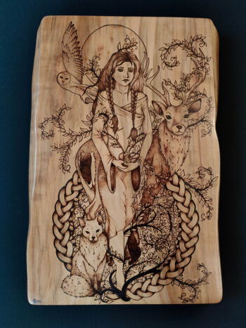 'Dwynwen' Pyrography Artwork, Large Cherry Wood Wall Plaque, Handmade in Wales - Image 3