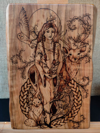 'Dwynwen' Pyrography Artwork, Large Cherry Wood Wall Plaque, Handmade in Wales