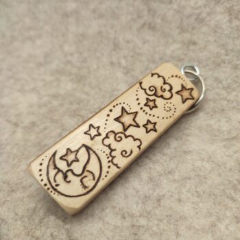 Moon, star & clouds themed Pyrography Keyring made from Willow wood, handmade in Wales