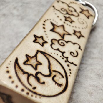 Moon, star & clouds themed Pyrography Keyring made from Willow wood, handmade in Wales - Image 3