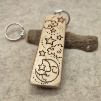 Moon, star & clouds themed Pyrography Keyring made from Willow wood, handmade in Wales - Image 5