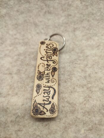 'Away with the Fairies' Pyrography Keyring, handmade in Wales from Holly wood - Image 5