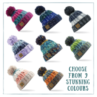 A picture of the different colours available for heavy knitted pom pom beanie hats.