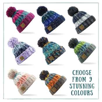 A picture of the different colours available for heavy knitted pom pom beanie hats.