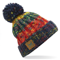 An orange and blue knitted pom pom beanie hat.