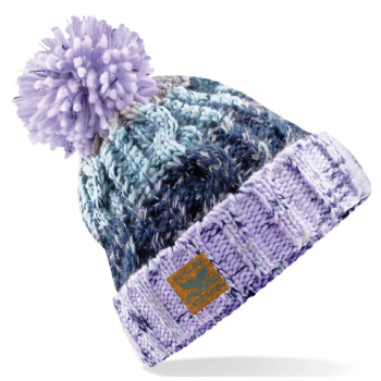 A lilac and grey knitted pom pom beanie hat.