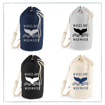 A picture showing different colour choices of sailor bags, with the Waves & Wild Water logo.