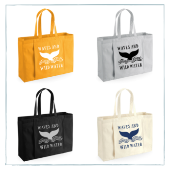 A picture showing different colour choices of tote bags, with the Waves & Wild Water logo.