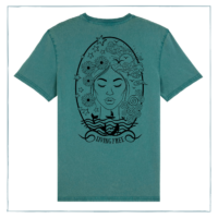 A seafoam green t-shirt with a print of a woman's face amongst waves and flowers.