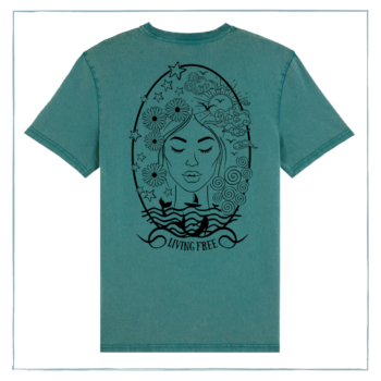 A seafoam green t-shirt with a print of a woman's face amongst waves and flowers.