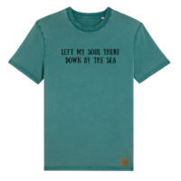 A seafoam green t-shirt with the words 'Left my soul there down by the sea' printed across the front.