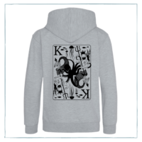 The back of a grey hoodie showing a black print of a merman king and an octopus.