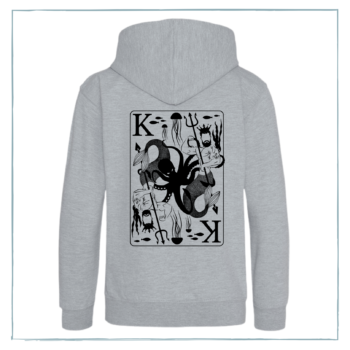 The back of a grey hoodie showing a black print of a merman king and an octopus.