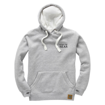 The front of a grey hoodie with the words 'King Of Seas' in black print.