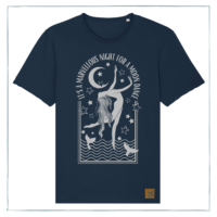 A navy blue t-shirt with a metallic silver printed design, showing a woman dancing in the sea, and the words It's a marvellous night for a moon dance.