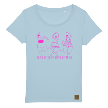 A sky blue t-shirt with a design showing three women dancing in swimwear printed on it in pink.