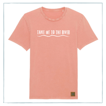 A pink t-shirt with the words 'Take me to the river' printed across the chest in white ink.