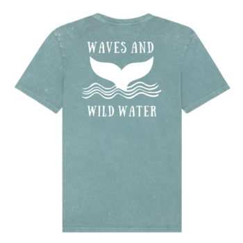 The back of a green t-shirt with Waves & Wild Water logo, depicting a whale tail coming out of waves, printed in white ink.