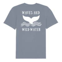 The back of a grey t-shirt with Waves & Wild Water logo, depicting a whale tail coming out of waves, printed in white ink.