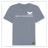 A grey t-shirt with Waves & Wild Water printed across the front in white ink. There is also a logo with a whale tail coming out of waves on the chest.