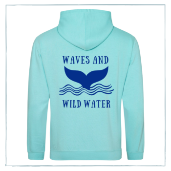 A lagoon blue hoodie with a blue Waves & Wild Water logo, depicting a whale tail coming out of the water.