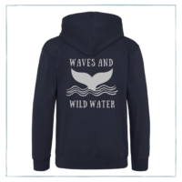 A navy blue hoodie with a metallic silver Waves & Wild Water logo, depicting a whale tail coming out of the water.