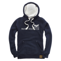 The front of a navy blue hoodie with the Waves & Wild logo printed across the front in metallic silver ink.
