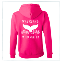 A bright pink hoodie with a white Waves & Wild Water logo, depicting a whale tail coming out of the water.