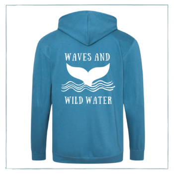 A tropical blue hoodie with a white Waves & Wild Water logo, depicting a whale tail coming out of the water.