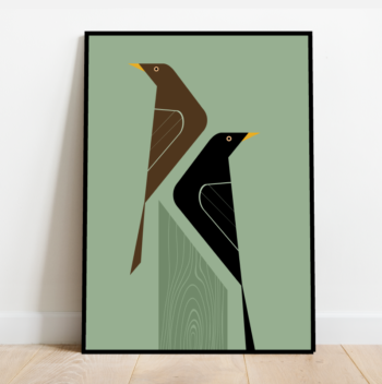 A Pair of Blackbirds on a tree stump, bird print (4 colours available) - Image 4