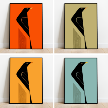 Blackbird on a tree stump, bird print (4 colours available)