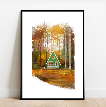 Green Scandinavian cabin in the woods, architecture print