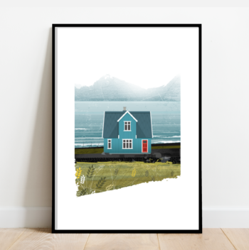 Blue Scandinavian cabin by the sea, architecture print