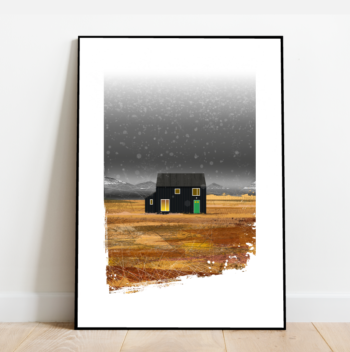 Black Scandinavian cabin in the snow, architecture print