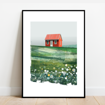 Red Scandinavian cabin in a meadow, architecture print