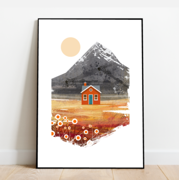 Orange Scandinavian cabin in the mountains, architecture print