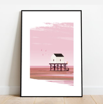 White cabin on the sand, architecture print