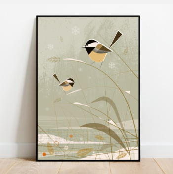 Chickadees in the snow, bird print