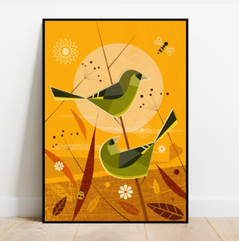 Greenfinch in a summer meadow, bird print