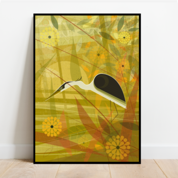 Heron hunting by the lake, bird print