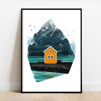 Orange Scandinavian cabin by the sea, architecture print