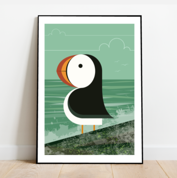 Puffin on a rock, bird print